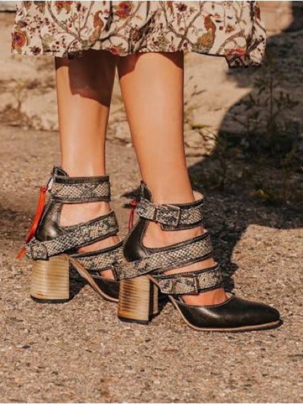 Freebird by Steven Olive Pumps with Snake-Print Straps and Wood Block Heel